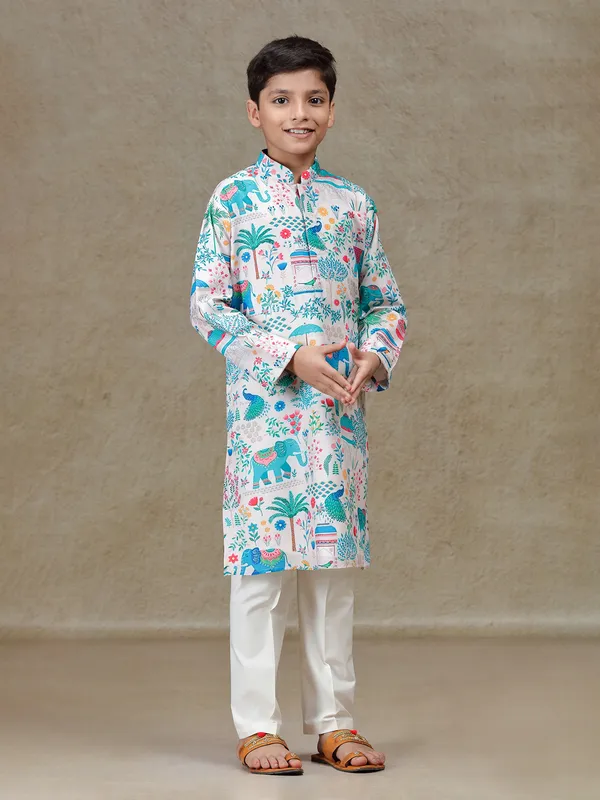 Off white silk kurta set with print