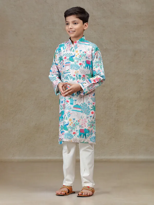 Off white silk kurta set with print