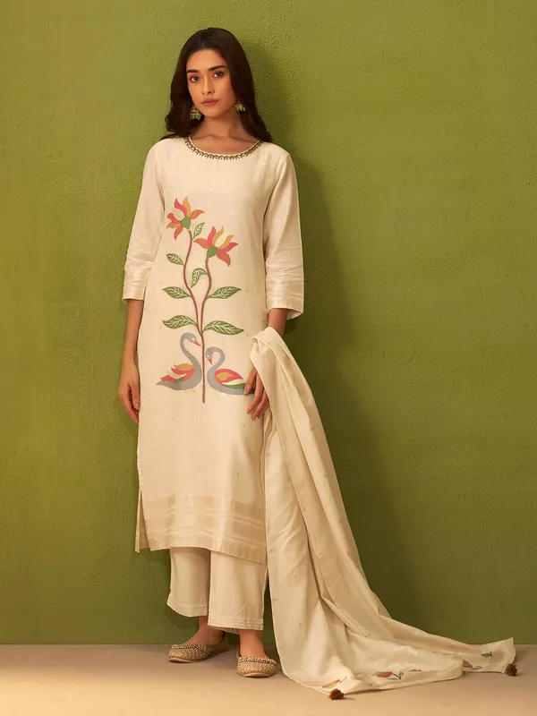 Off white silk kurti with colorful motifs