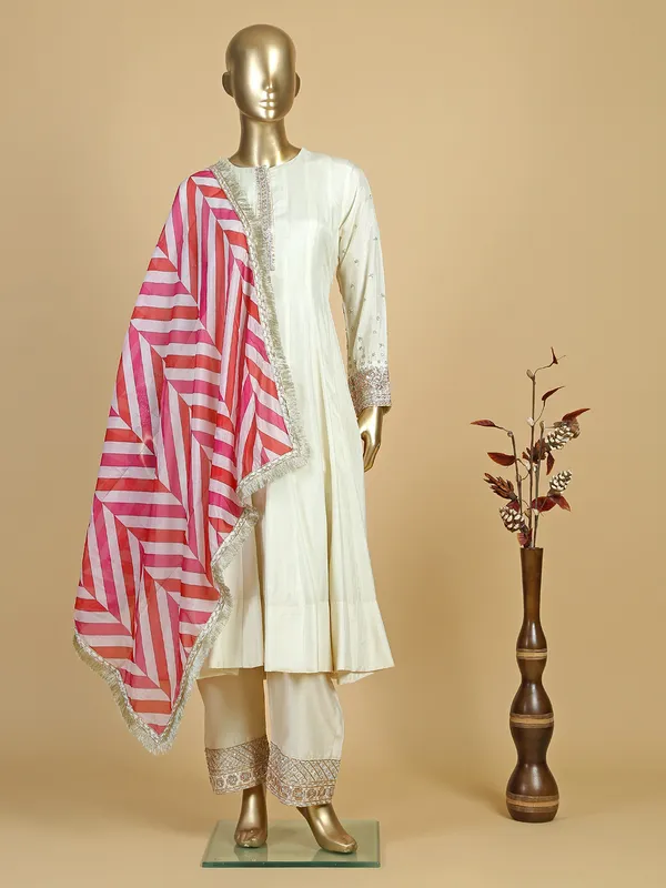 Off white silk palazzo suit with contrast dupatta