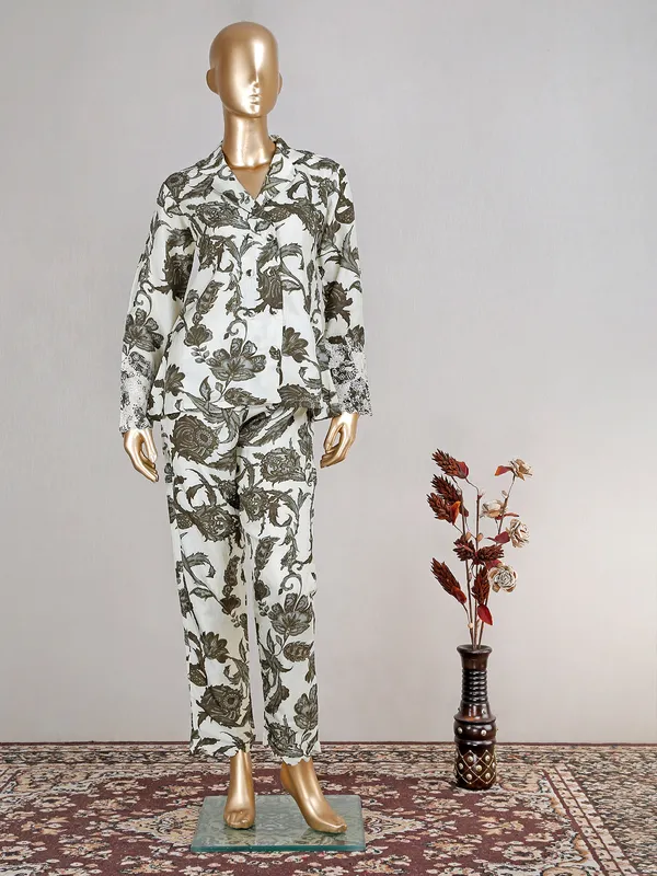 Off white silk printed co ord set for festive