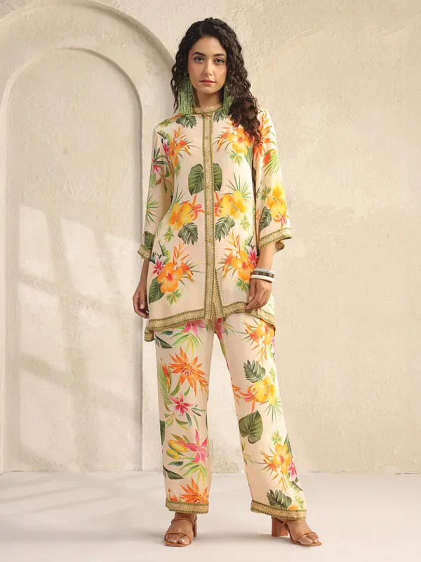 Off white silk printed co ord set with stand collar