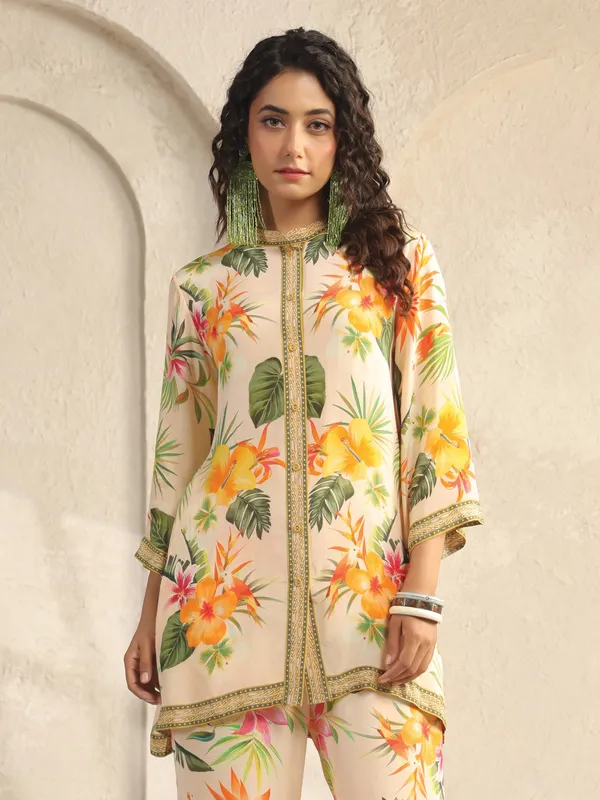 Off white silk printed co ord set with stand collar