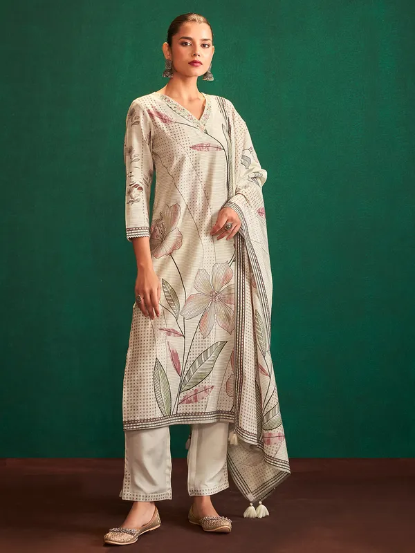 Stylish cream silk printed kurti set