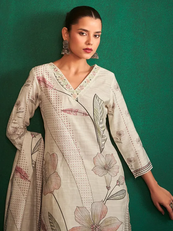 Stylish cream silk printed kurti set
