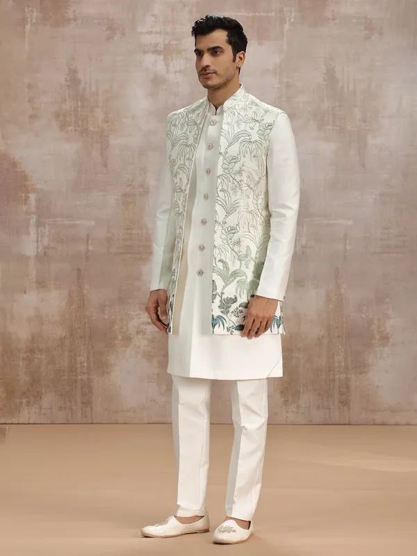 Off white silk reception special long waistcoat set