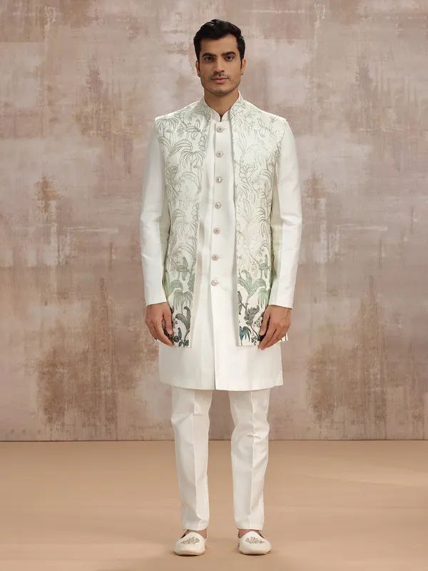 Off white silk reception special long waistcoat set