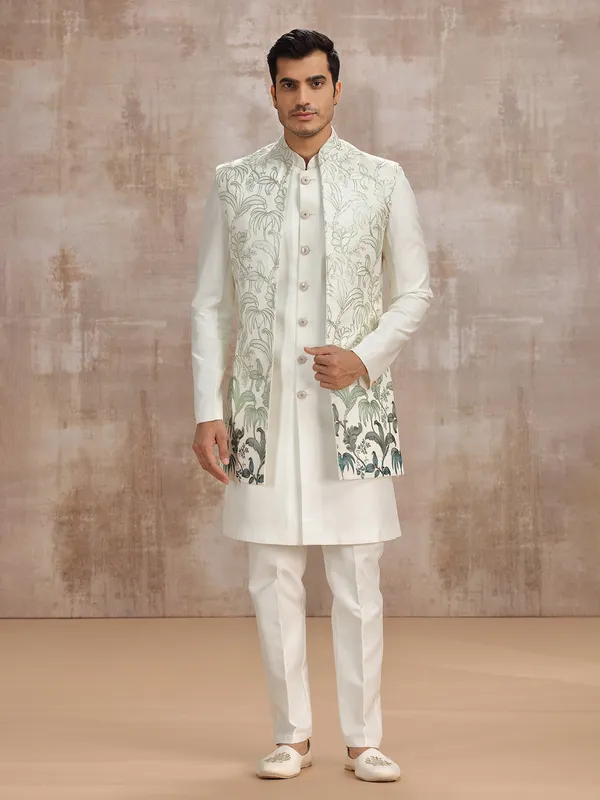Off white silk reception special long waistcoat set
