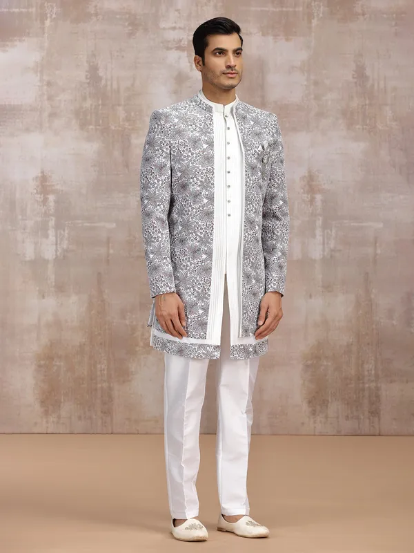 Off white silk reception wear indowestern set