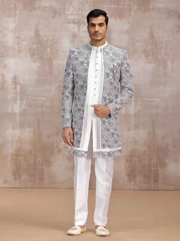 Off white silk reception wear indowestern set
