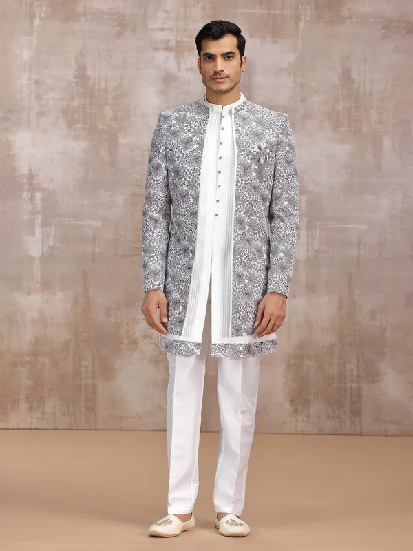 Off white silk reception wear indowestern set