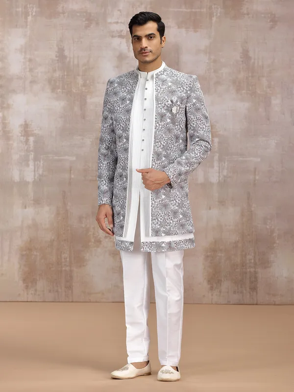 Off white silk reception wear indowestern set