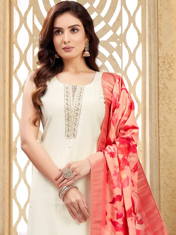 Off-white silk salwar suit with dupatta