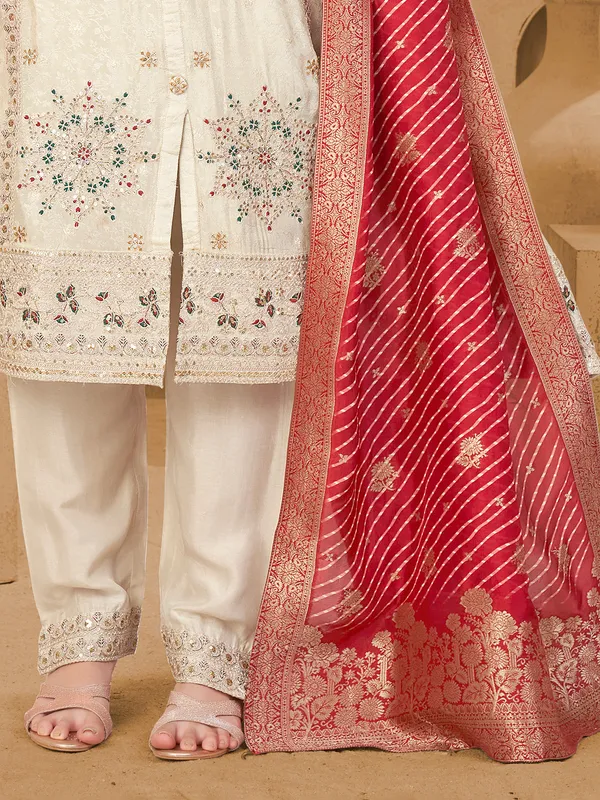 Off white silk salwar suit with zardosi detailing