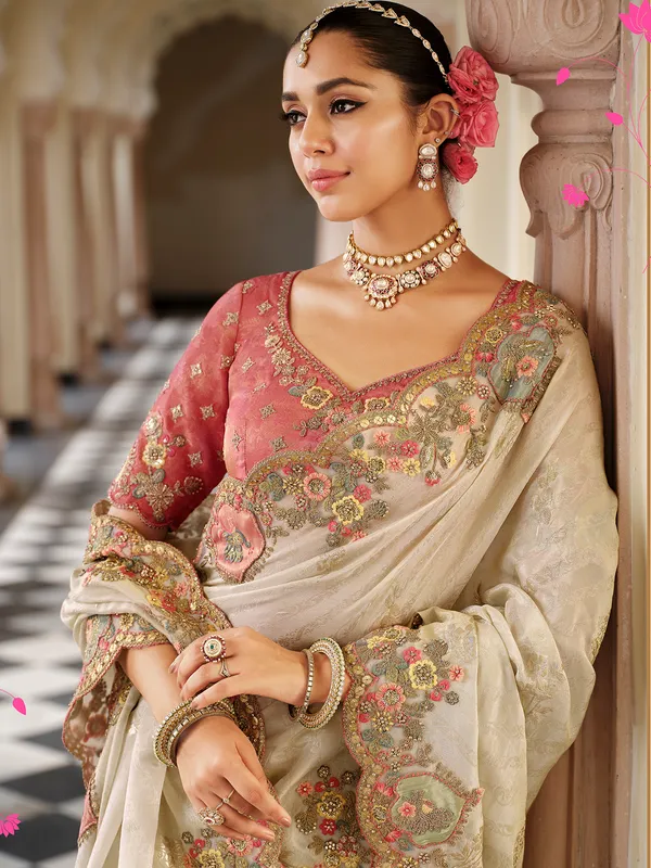 Off white silk saree for festival