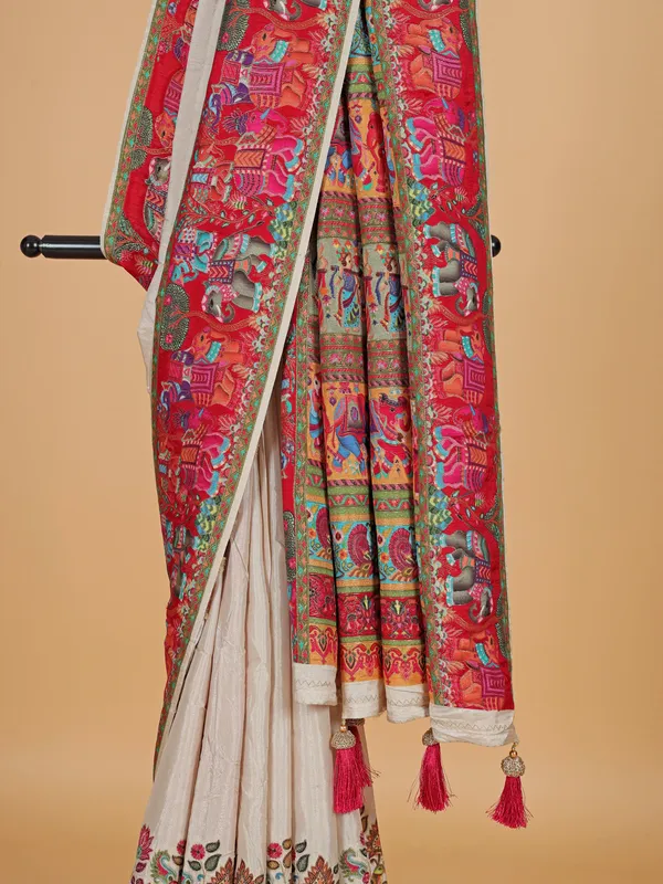 Off-white silk saree for wedding wear