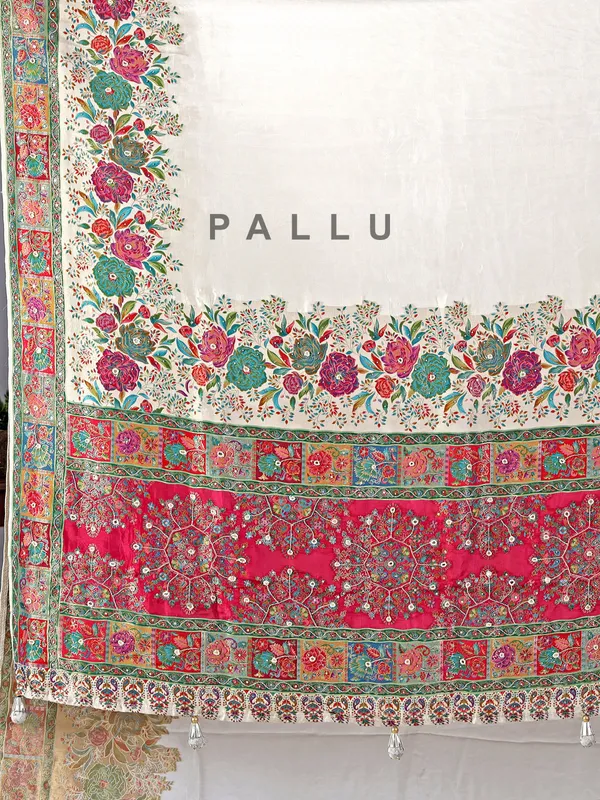 Off white silk saree with beaded detailing