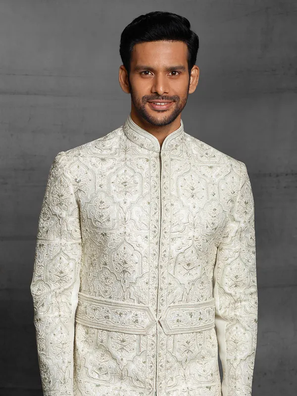 Off white silk sherwani for mens