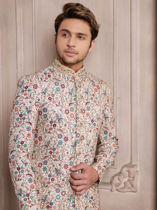 Off white silk sherwani with embroidery