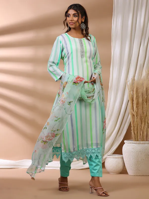 White silk stripe pattern kurti set