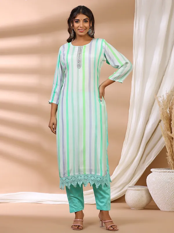 White silk stripe pattern kurti set