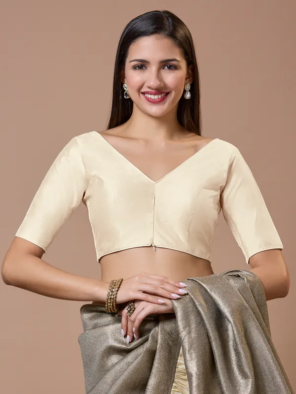 Off white silk V neck comfort fit ready made blouse