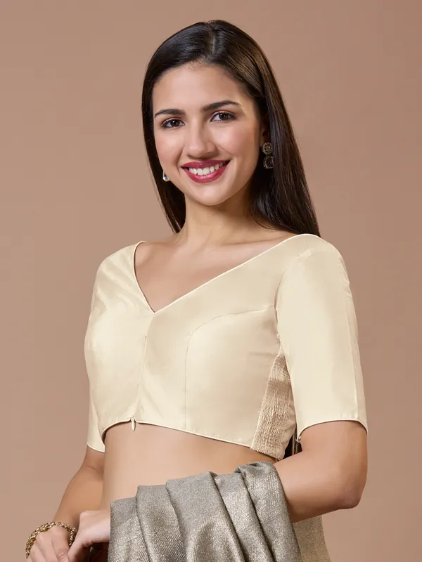 Off white silk V neck comfort fit ready made blouse