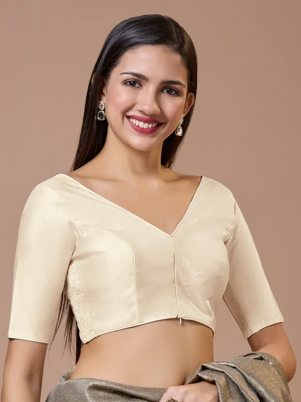 Off white silk V neck comfort fit ready made blouse