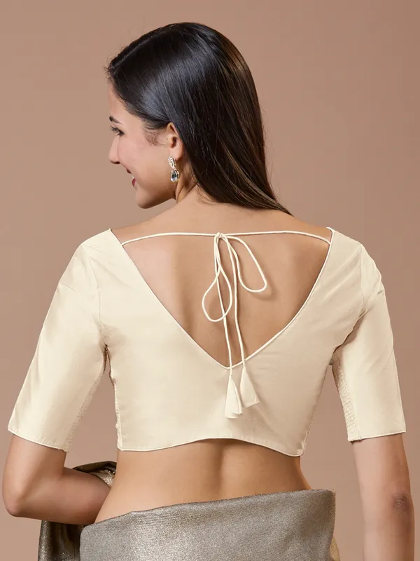 Off white silk V neck comfort fit ready made blouse
