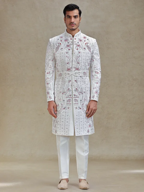 Off white silk wedding style long sherwani set