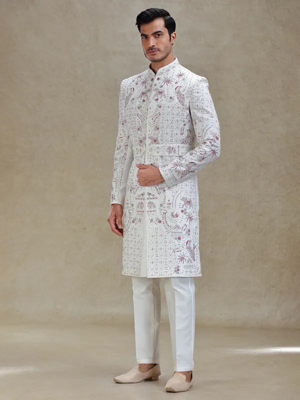 Off white silk wedding style long sherwani set