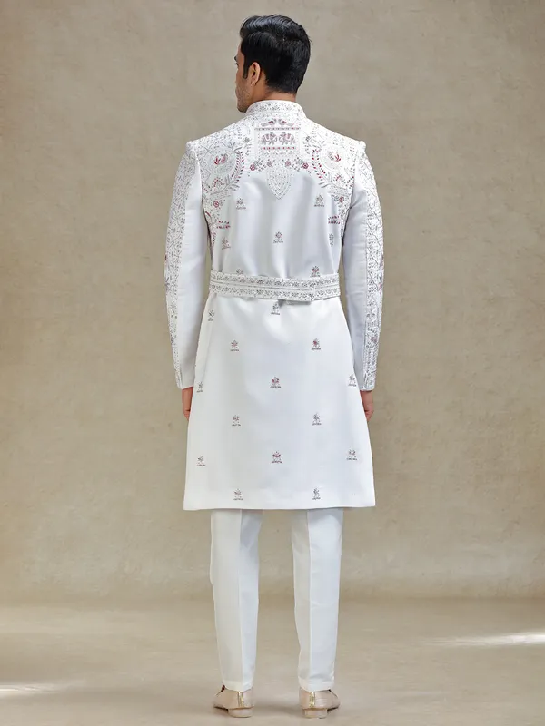 Off white silk wedding style long sherwani set