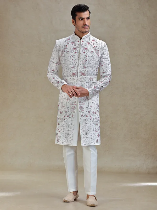Off white silk wedding style long sherwani set