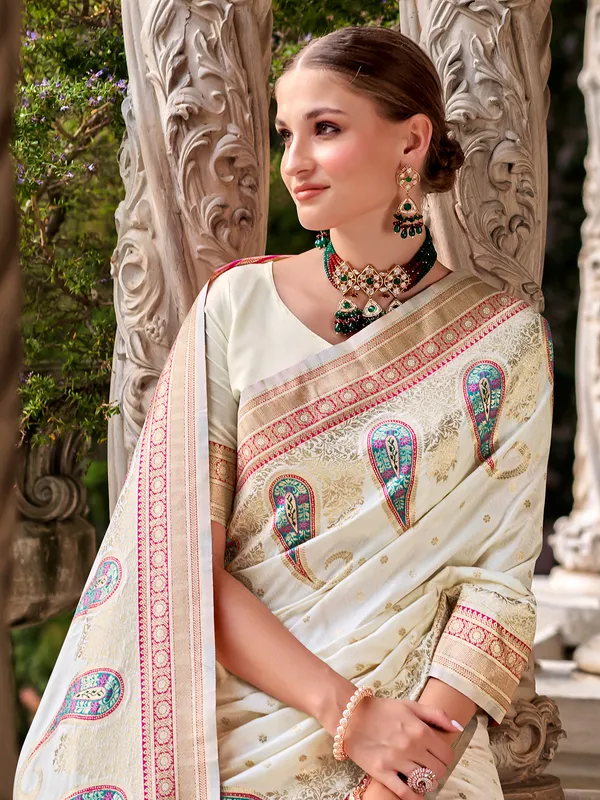 Off white silk zari worked saree for festival