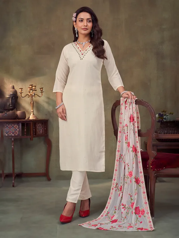 Off white straight cut silk salwar suit with dupatta