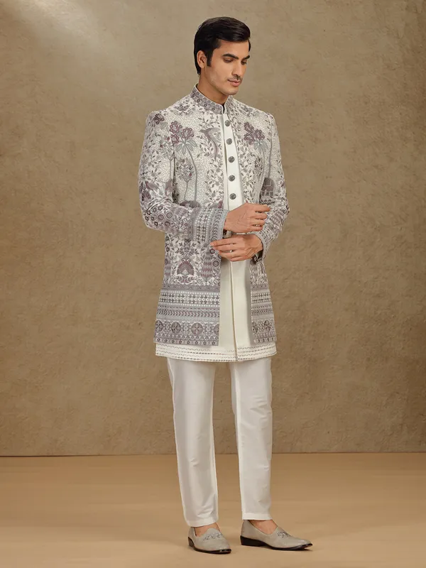 Off white terry rayon indo western for wedding wear