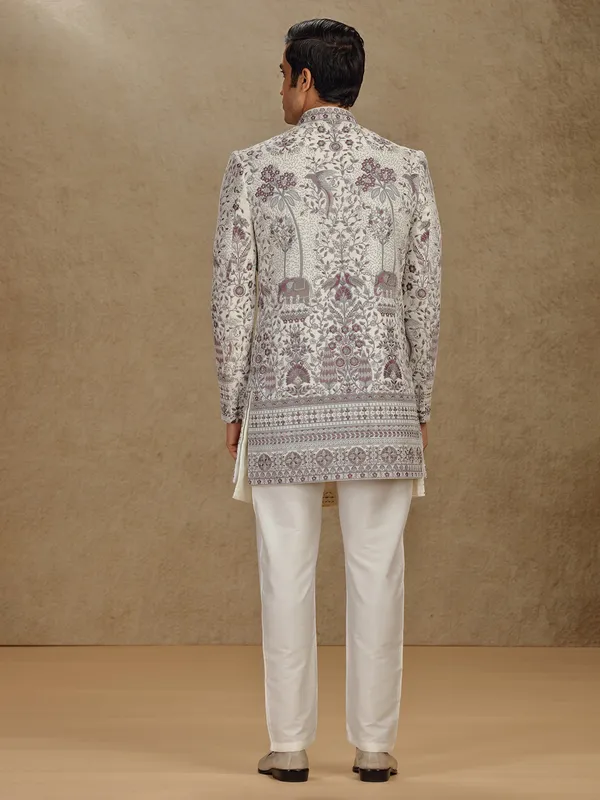 Off white terry rayon indo western for wedding wear
