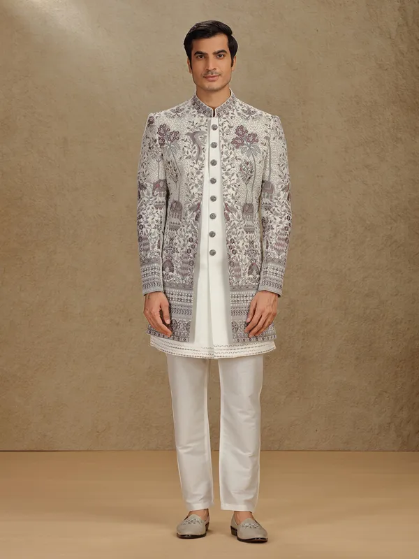 Off white terry rayon indo western for wedding wear
