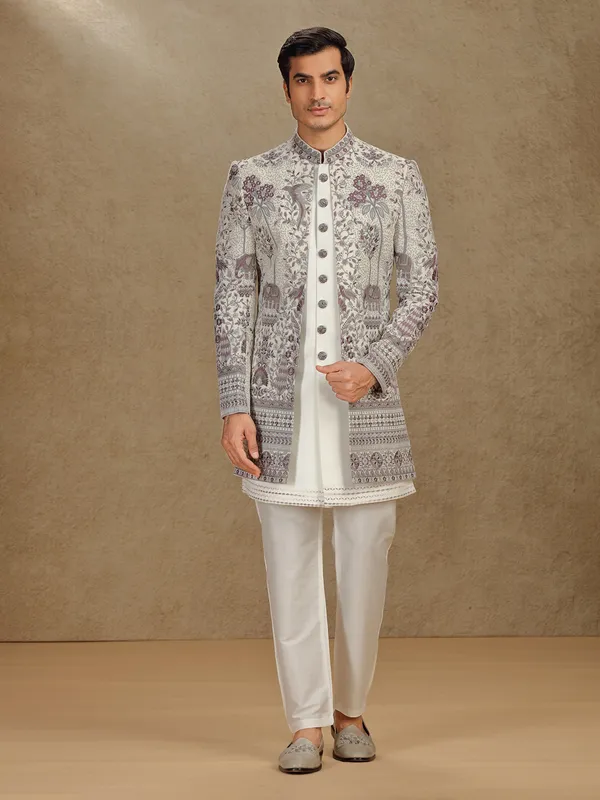 Off white terry rayon indo western for wedding wear