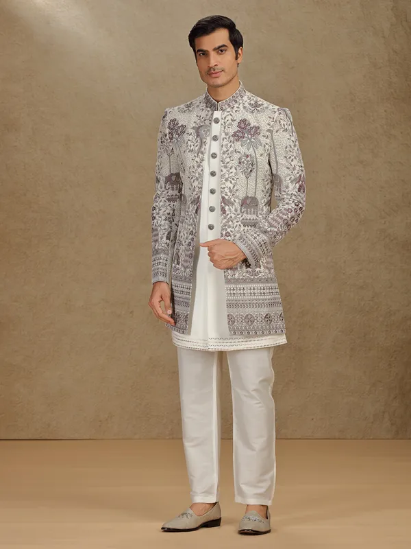 Off white terry rayon indo western for wedding wear
