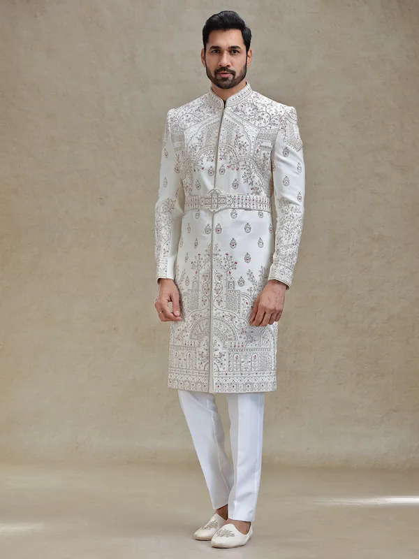 Off white textured sophisticated sherwani for wedding