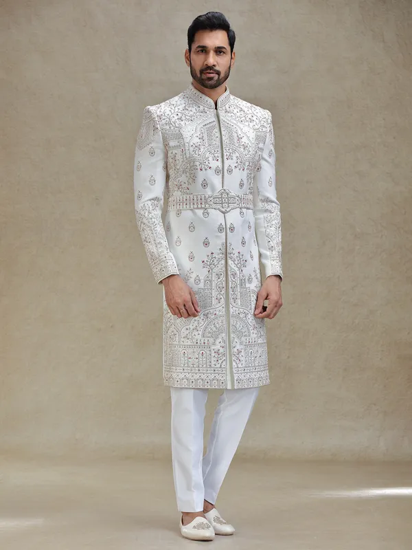 Off white textured sophisticated sherwani for wedding