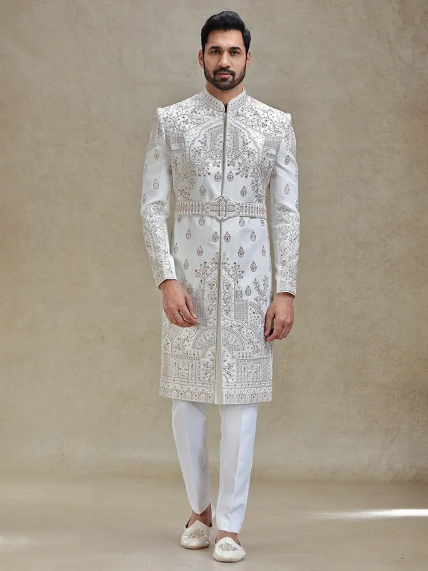 Off white textured sophisticated sherwani for wedding