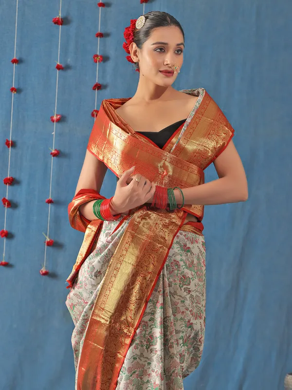 Off-white thread weaving saree in silk