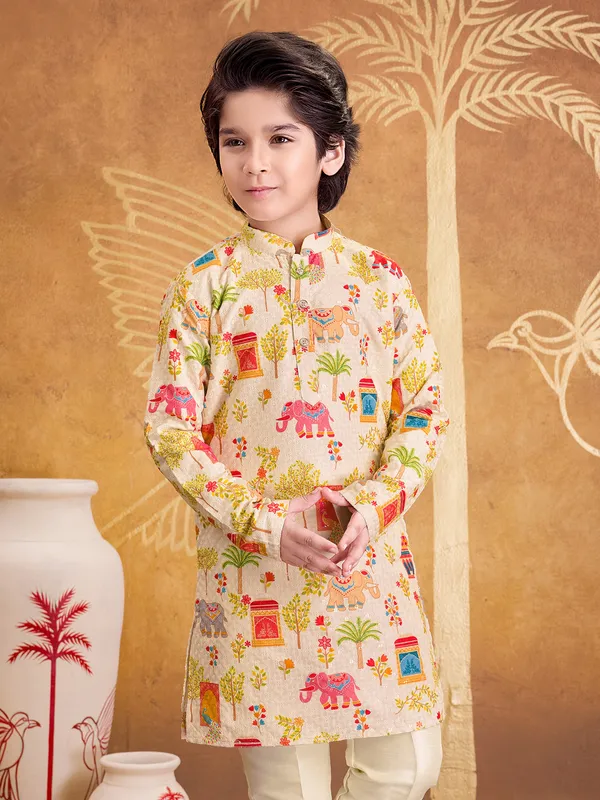 Off white thread worked cotton kurta suit