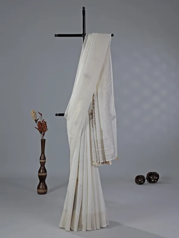 Off white thread worked saree in cotton silk
