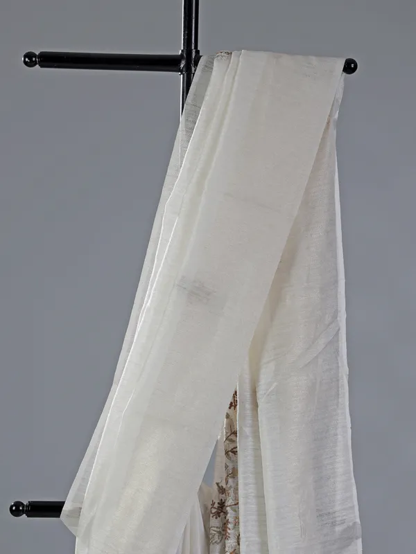 Off white thread worked saree in cotton silk