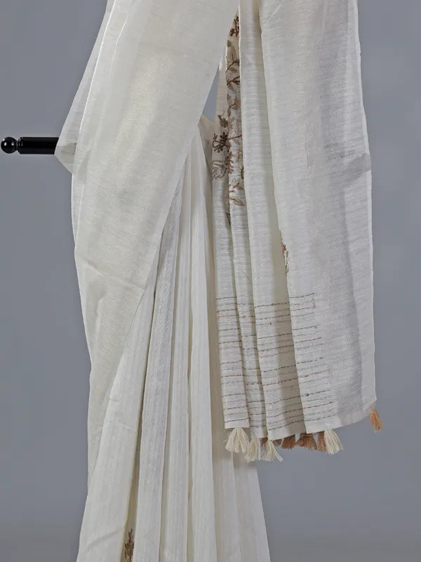 Off white thread worked saree in cotton silk