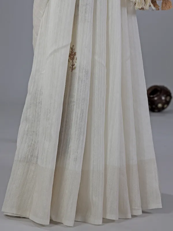 Off white thread worked saree in cotton silk