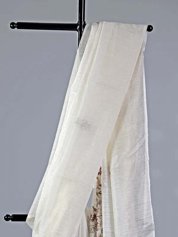Off white thread worked saree in cotton silk